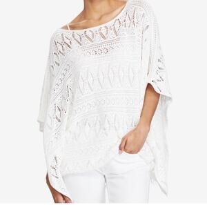 Polo Ralph Lauren Crochet Knit Open Weave Ivory Sweater Boxy Poncho Cotton M